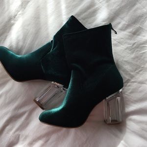 Forest Green Velvet Booties with Acrylic Heel